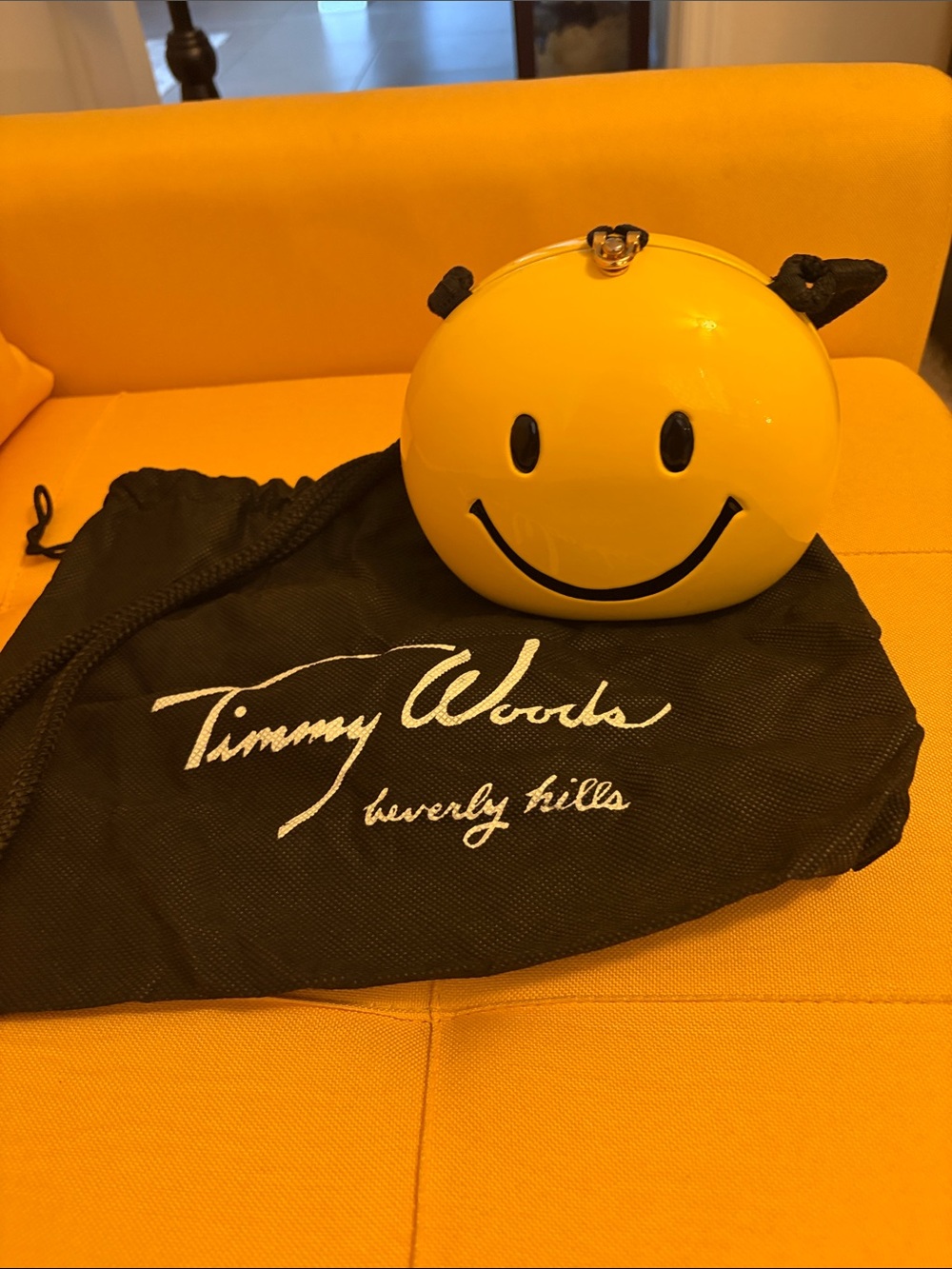 Timmy Woods Yellow Glossy Smiley Face Minaudière with Black Details Vintage